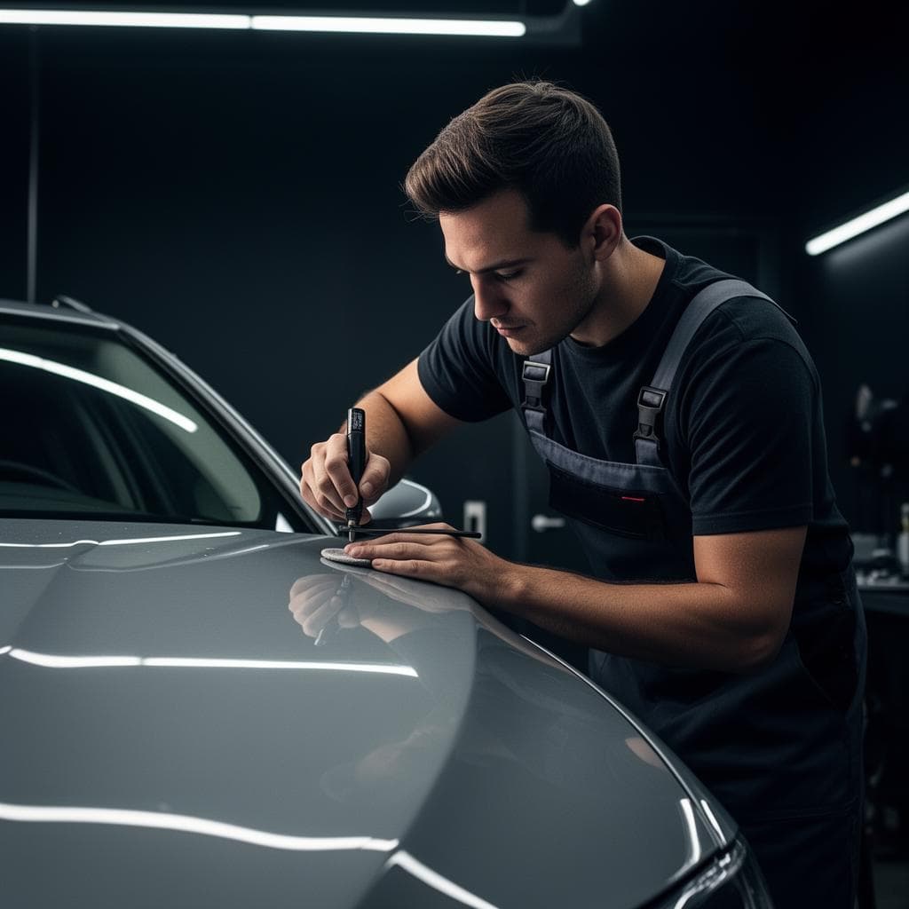 Ultimate Finish owner standing in the shop beside a black muscle car