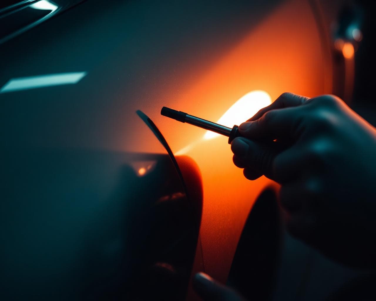 Ultimate Finish technician using a dent rod and reflection light to repair a vehicle panel